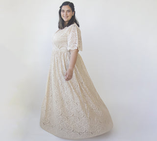 Curvy Butterfly Sleeves Champagne wedding dress with pockets #1331 Blushfashion