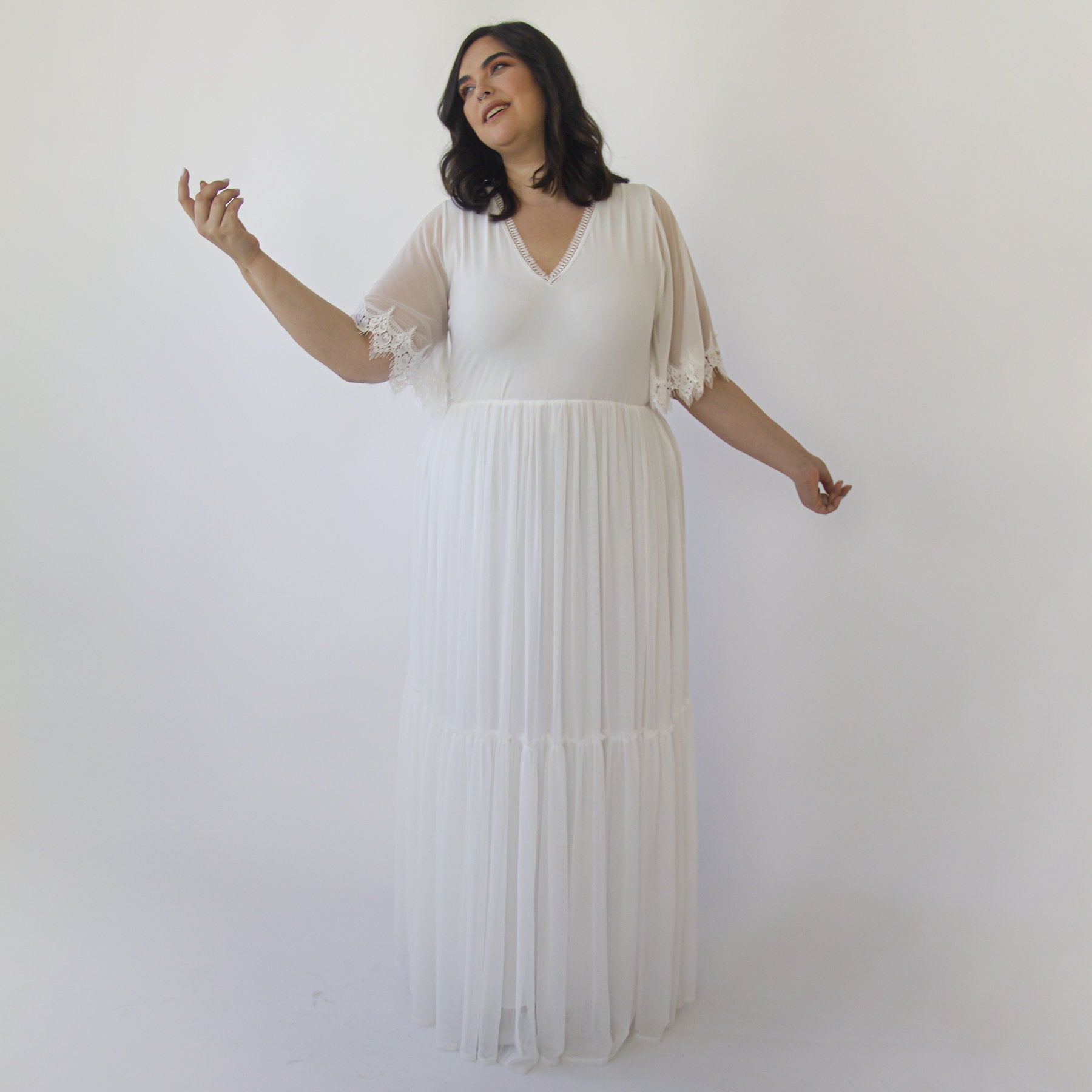 chiffon butterfly sleeve dress B233057 Charming Poly Chiffon Dress with Mod Square Neckline and Butterfly Sleeves