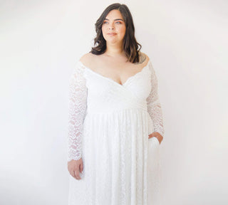 Curvy  Ivory Off the shoulder lace wrap wedding dress  with pockets  #1316 Blushfashion