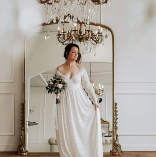 Curvy  Ivory Off the shoulder lace wrap wedding dress  with pockets  #1316 Blushfashion