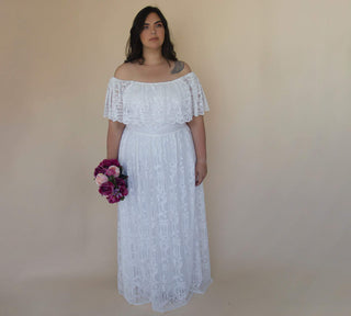 Curvy Ivory Ruffled Crinkle Off-shoulder Wedding Dress #1327 Blushfashion