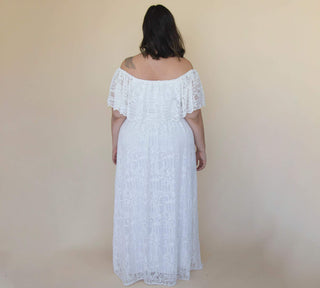 Curvy Ivory Ruffled Crinkle Off-shoulder Wedding Dress #1327 Blushfashion