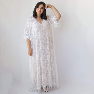 Curvy  lace blushed ivory bridal kaftan ,bat sleeves lace wedding Dress #1312 Blushfashion