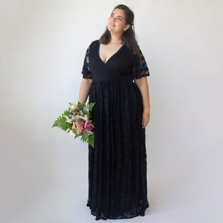 Black Wrap Flutter Sleeves Dress Lace Maxi Dress with pockets #1376 Custom Order Blushfashion