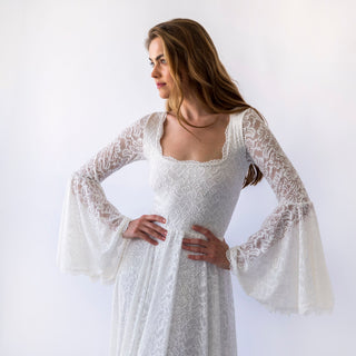 Bohemian Ivory Chic Square Neck & Ethereal Bell Sleeves: Lace Bridal Gown  #1460 Custom Order (US$539.00) Blushfashion