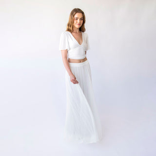 Bridal set with a chiffon skirt with a slit and a romantic crepe knit top with butterfly sleeves, perfect for a beach wedding. #1446 Custom Order Blushfashion