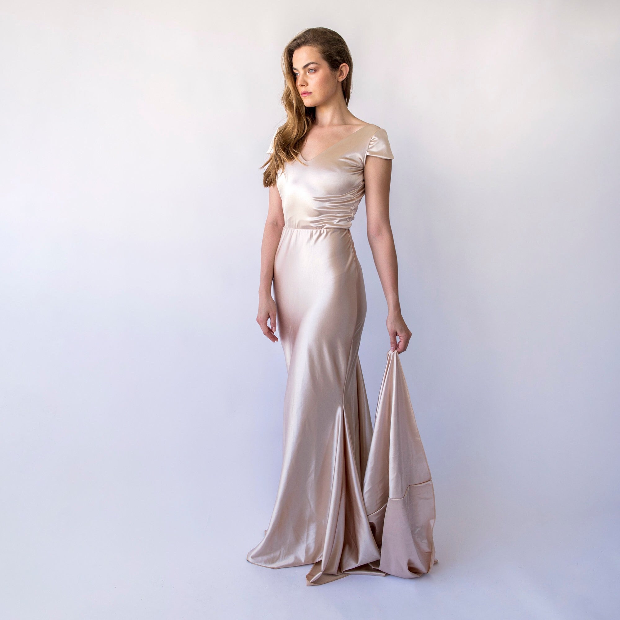 Bridesmaid Dress Champagne Cape Dress Champagne Satin Mermaid Dress #1455 Bridesmaid Dress Champagne Cape Dress Champagne Satin Mermaid Dress #1455