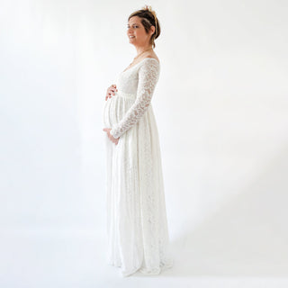 Maternity Off the shoulder wrap dress, with pockets, bohemian Empire dress, Ivory lace long sleeves dress #7007 Custom Order Blushfashion