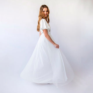 Satin Ivory Flutter Sleeves Romantic Wedding dress , Chiffon mesh Skirt Vintage Style  #1450 Custom Order Blushfashion