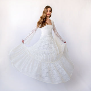 New Collection Square Neckline Belle sleeves with Gipsy layered Boho Skirt, Maxi lace wedding dress #1425 Custom Order (US$426.30) Blushfashion
