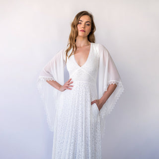 Vintage Angel Sleeves V Neckline, Bohemian Wedding Dress with Pockets  #1467 Custom Order Blushfashion