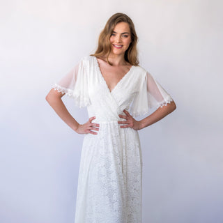 Vintage Bohemian Lace Open Back Wedding Dress with Butterfly Chiffon Sleeves Bridal Gown#1464 Custom Order Blushfashion