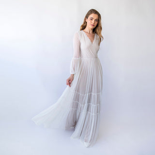 Vintage Pearly Wrap Mesh Chiffon Wedding Dress with Puffy Sleeves | Timeless Elegance and Charm | Bridal Gown #1462 Custom Order Blushfashion