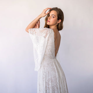 Vintage Style Open Back, Deep V Neckline Angel Sleeves Bohemian Pearly White Wedding Dress #1468 Custom Order Blushfashion