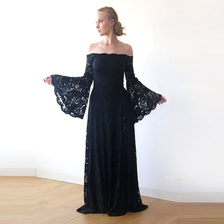 Long Bell Sleeve Lace Dress, Off-Shoulders  Dress, Bohemian Black Dress  #1201 dress Custom Order Blushfashion