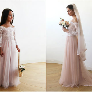 Pink Off-The-Shoulder Wedding Lace & Tulle Train Dress  #1162 dress CUSTOM ORDER Blushfashion