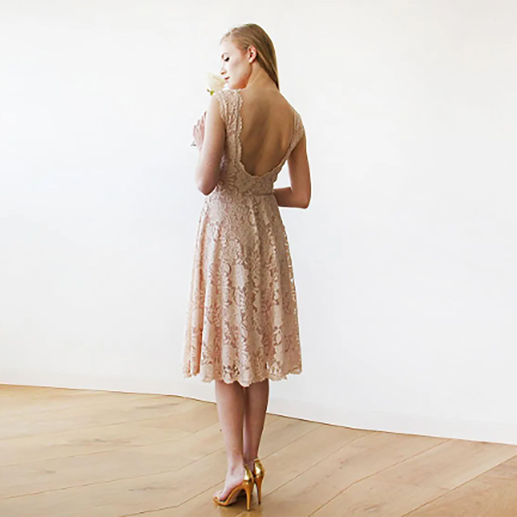 Short wedding dress ,Open back lace midi dress sleeveless pink blush 1143 Short wedding dress ,Open back lace midi dress sleeveless pink blush 1143