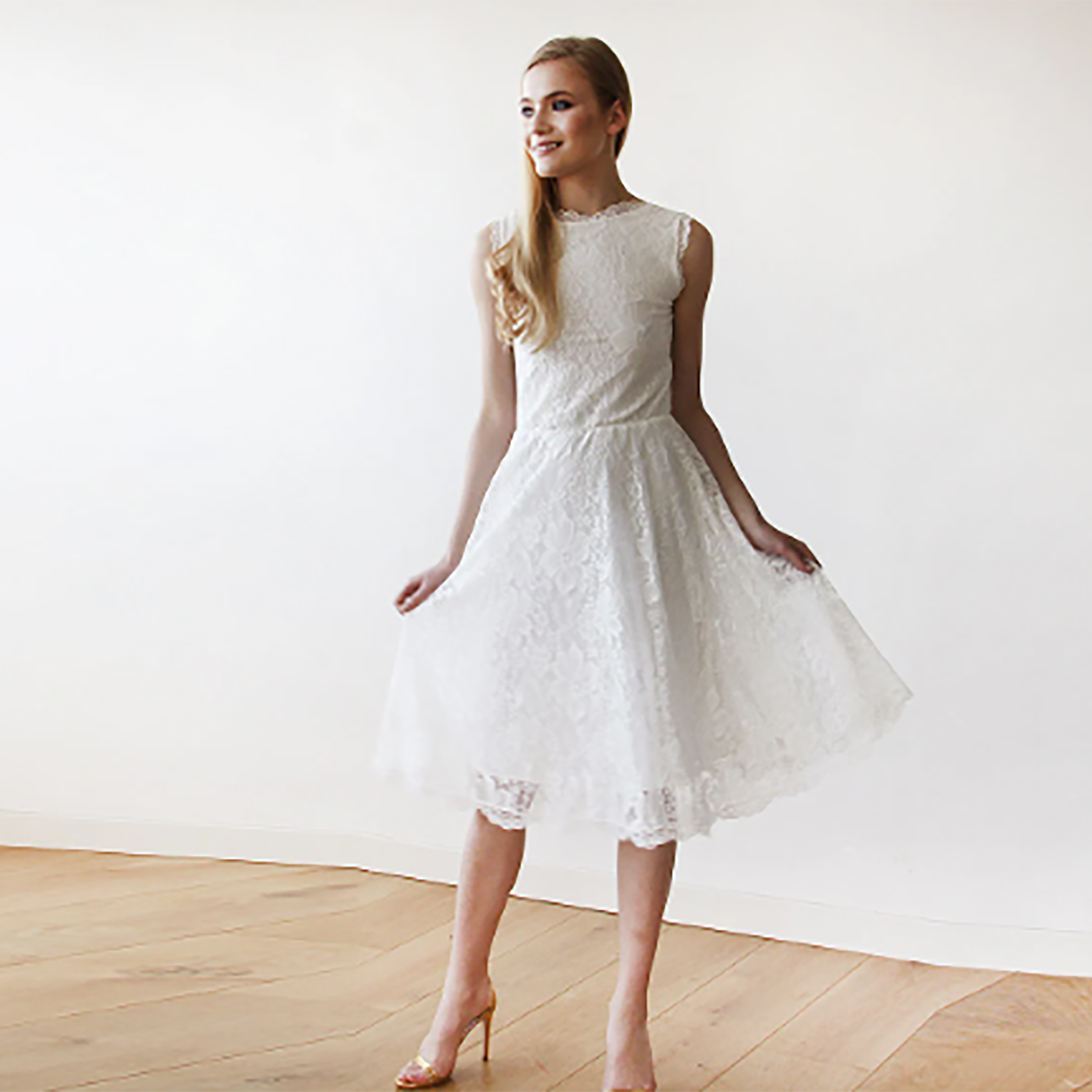 Short wedding dress Open back lace midi sleeveless ivory dress 1143