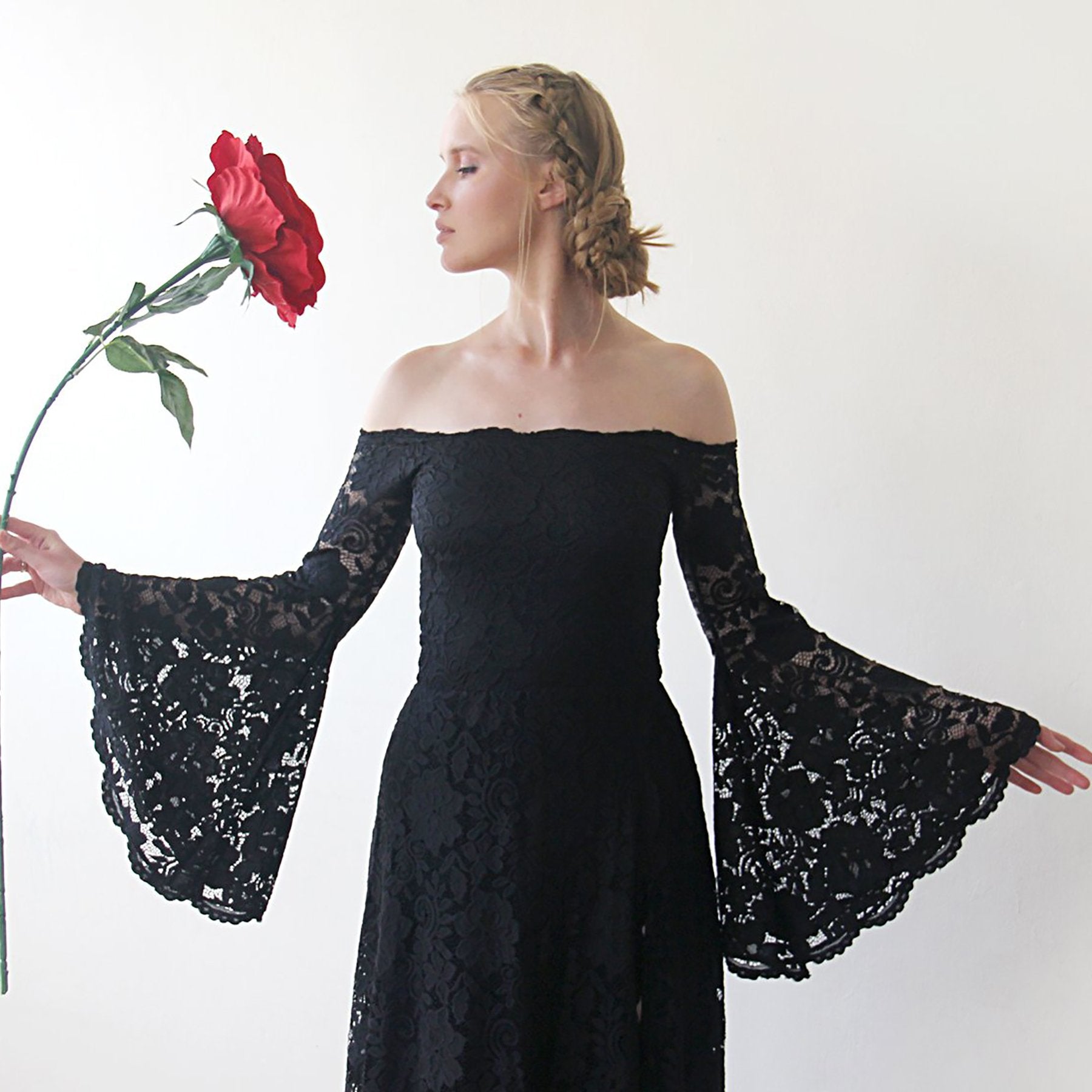 Long Bell Sleeve Lace Dress, Off-Shoulders Dress, Bohemian Black Dress #1201 Long Bell Sleeve Lace Dress, Off-Shoulders Dress, Bohemian Black Dress #1201