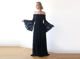 Long Bell Sleeve Lace Dress, Off-Shoulders  Dress, Bohemian Black Dress  #1201 dress Blushfashion