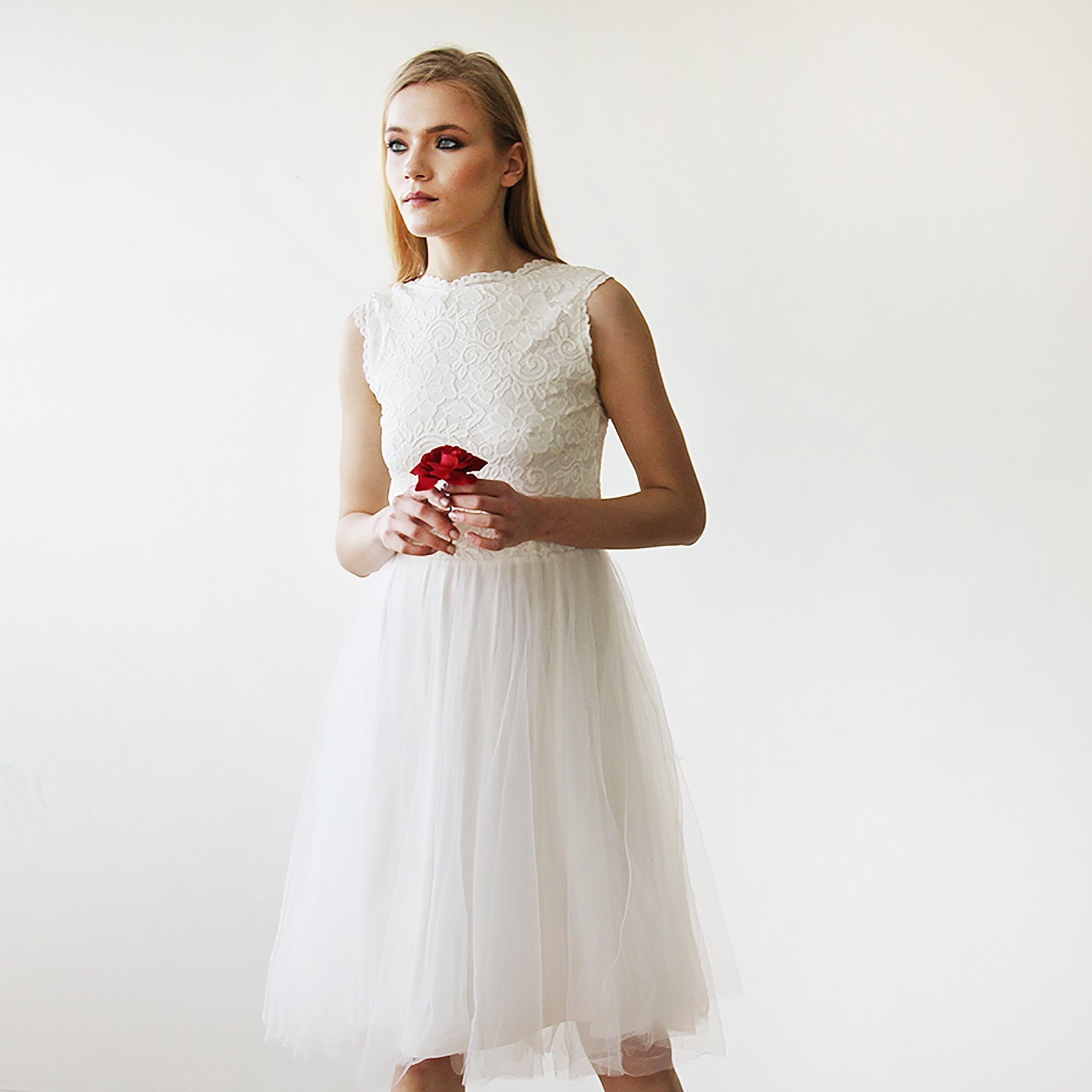 Short wedding dress ,Ivory Lace & Tulle Sleeveless Midi Dress #1159 Short wedding dress ,Ivory Lace & Tulle Sleeveless Midi Dress #1159