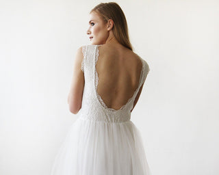 Short wedding dress ,Ivory Lace & Tulle Sleeveless Midi Dress #1159 dress Blushfashion