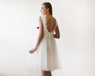 Short wedding dress ,Ivory Lace & Tulle Sleeveless Midi Dress #1159 Short wedding dress ,Ivory Lace & Tulle Sleeveless Midi Dress #1159