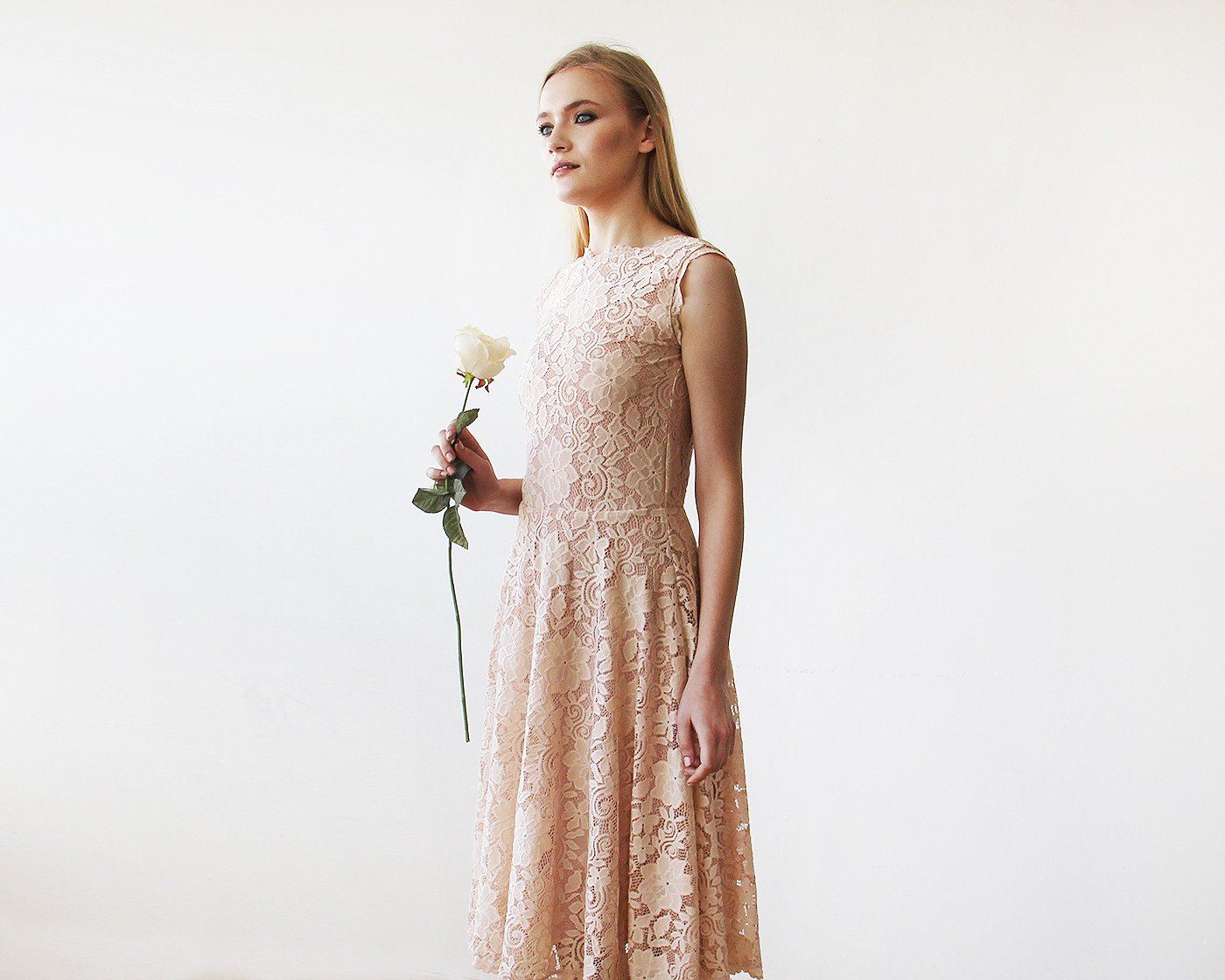 Short wedding dress ,Open back lace midi dress sleeveless pink blush 1143 Short wedding dress ,Open back lace midi dress sleeveless pink blush 1143