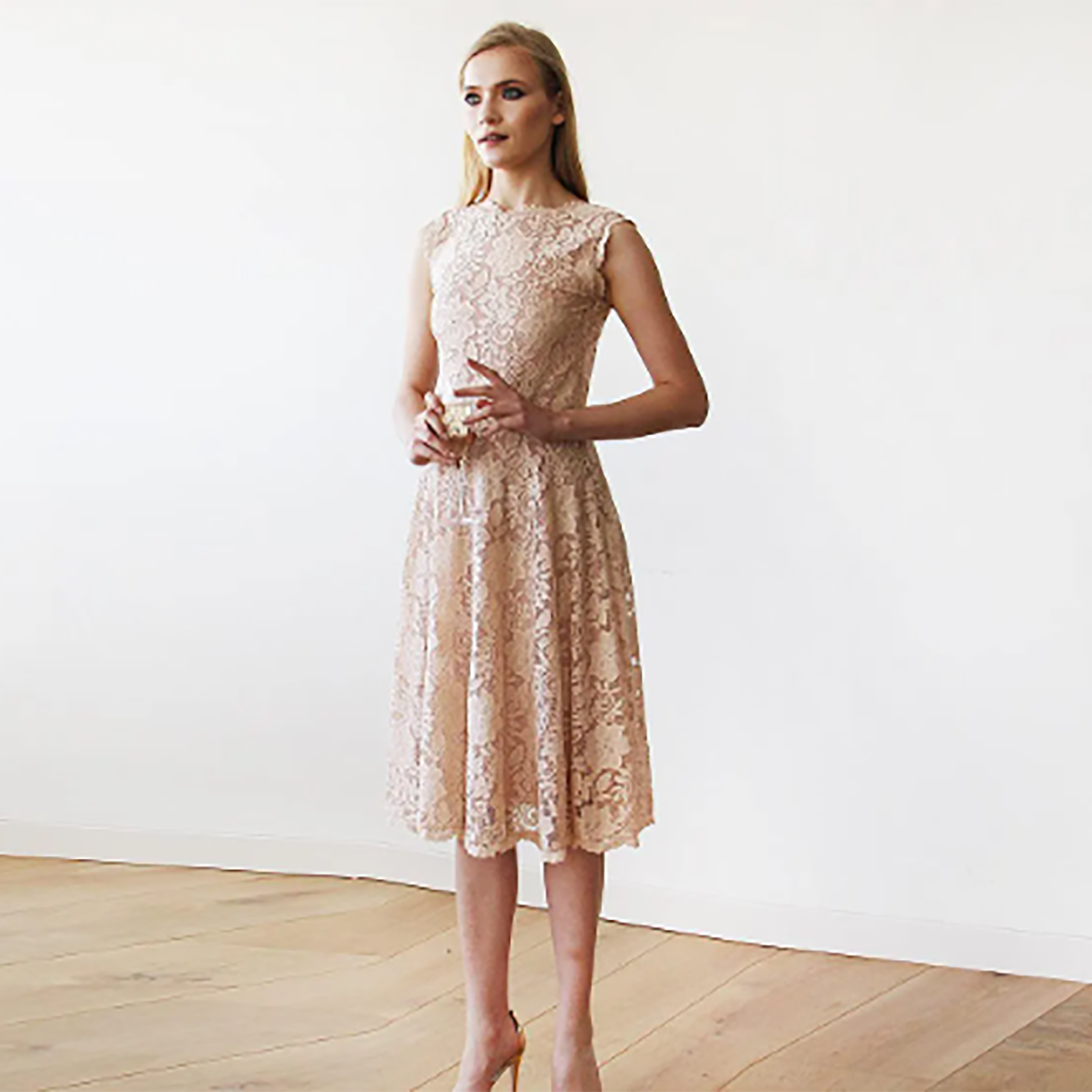 Short wedding dress ,Open back lace midi dress sleeveless pink blush 1143 Short wedding dress ,Open back lace midi dress sleeveless pink blush 1143