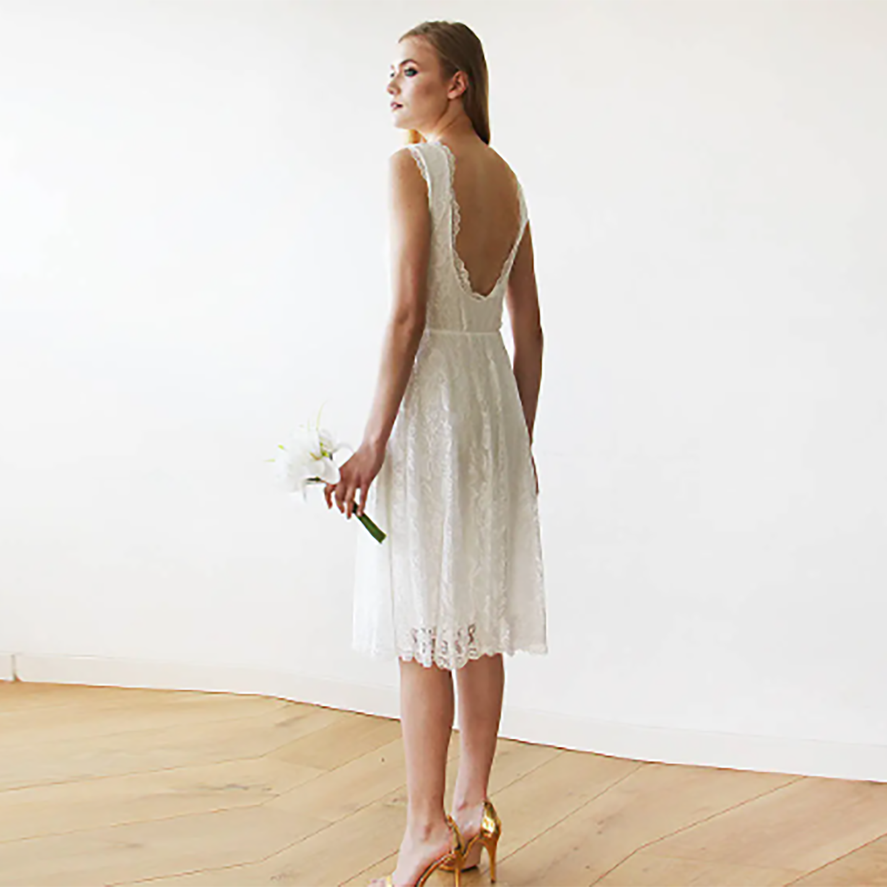 short ivory dress Short wedding dress ,Open back lace midi sleeveless ivory dress 1143