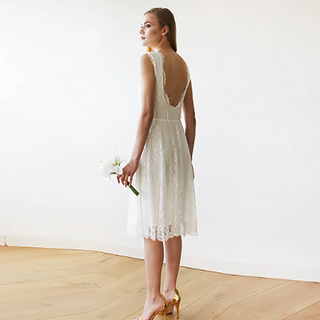Short wedding dress ,Open back lace midi sleeveless ivory dress 1143 Short wedding dress ,Open back lace midi sleeveless ivory dress 1143