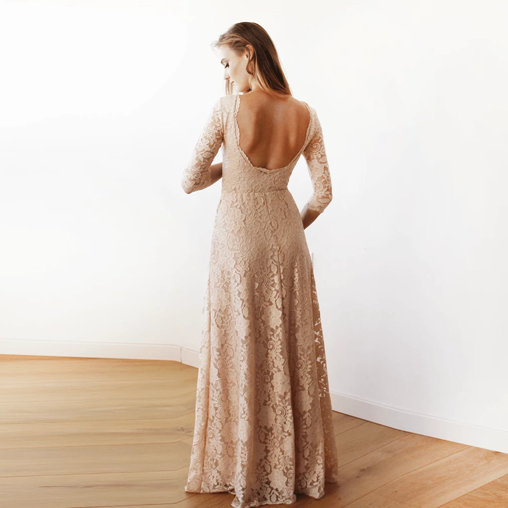 Blush Pink Floral Lace Maxi Gown With Open Back 1118
