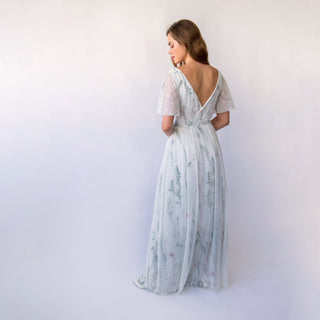 Ethereal Floral Embroidered Open Back Gown, White Wrap Chiffon Mesh Wedding Dress #1469 Blushfashion