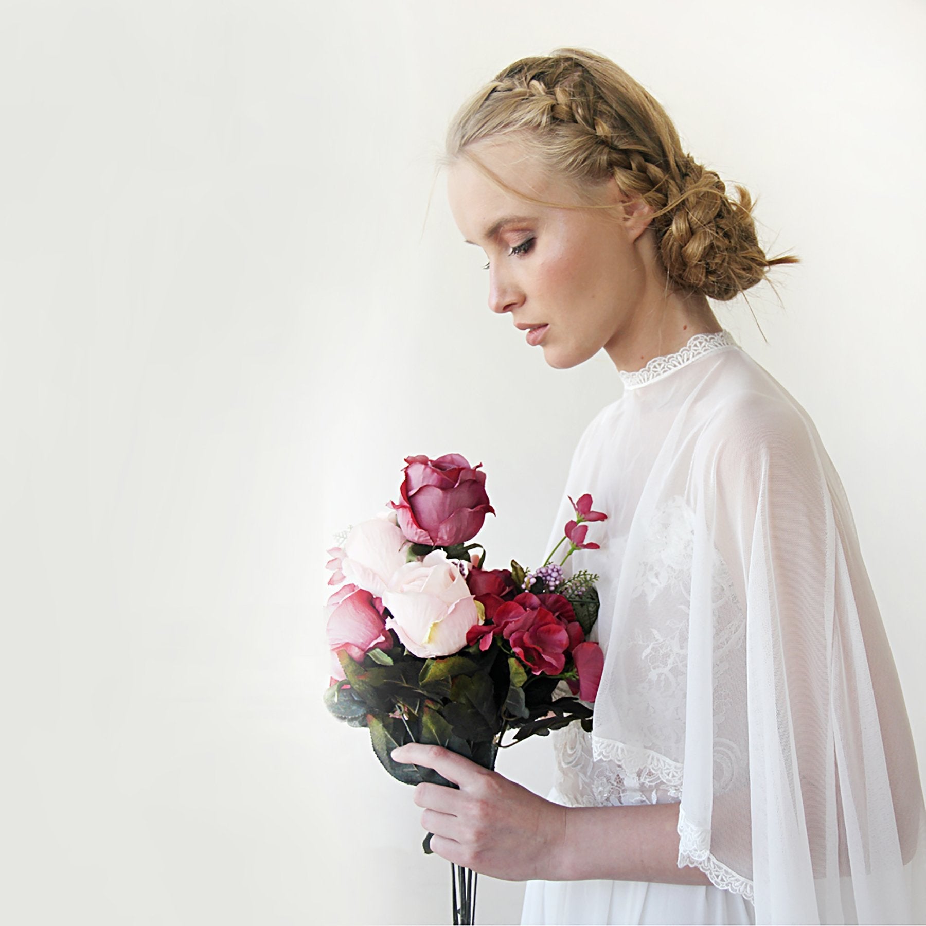 Chiffon Mesh Ivory Cape with Train Unique Cover-Up #4028