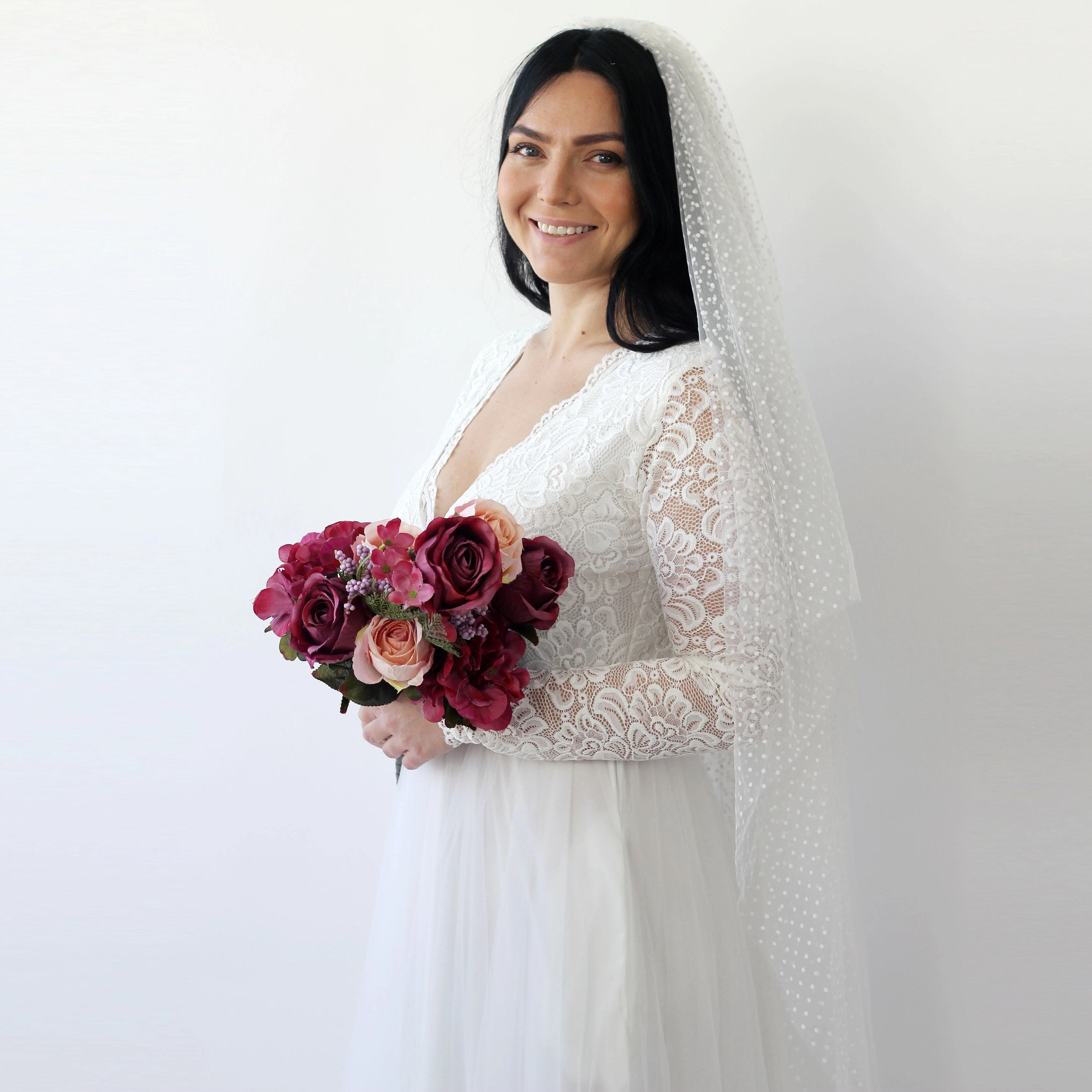 One Blushing Bride Polka Dot Wedding Veil in Ivory Mid Length Point d' Esprit Bridal Veil 32-35 Inches / Without Blusher