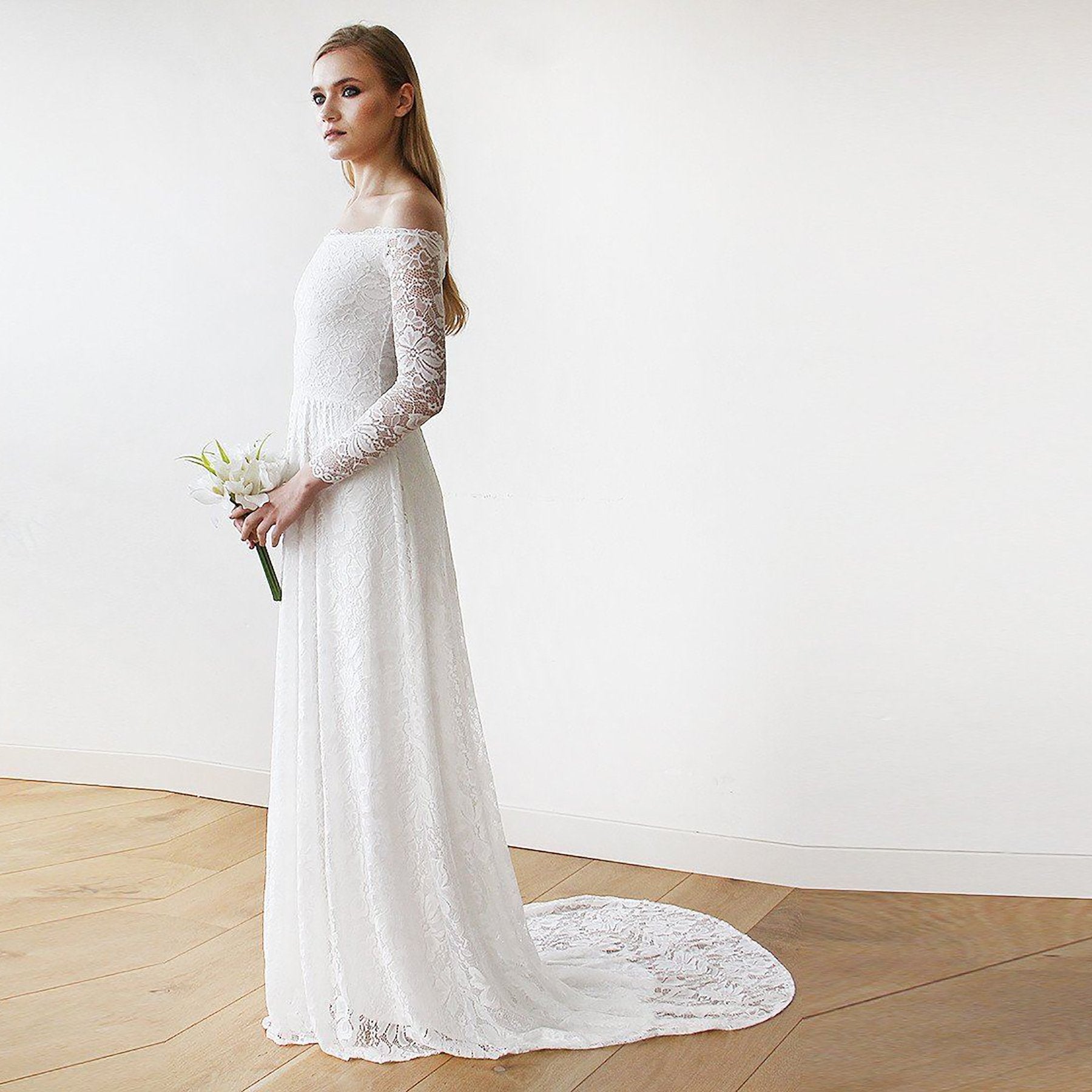 Ivory Off-The-Shoulder Train Dress #1148 Ivory Off-The-Shoulder Train Dress #1148