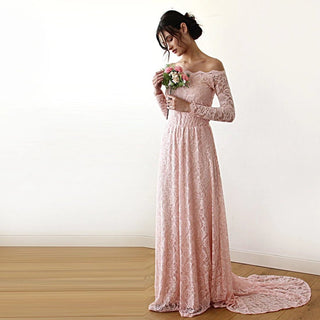 Pink Off-The-Shoulder Lace Dress With Train  #1148 bridal Blushfashion LTD