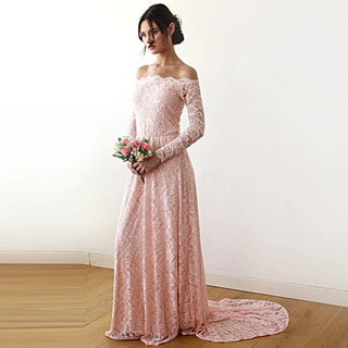 Pink Off-The-Shoulder Lace Dress With Train  #1148 bridal Pink / XS-S Blushfashion LTD
