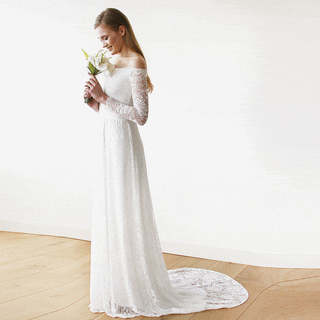 Ivory Off-The-Shoulder  Train Dress  #1148 bridal XXS-XS Blushfashion LTD