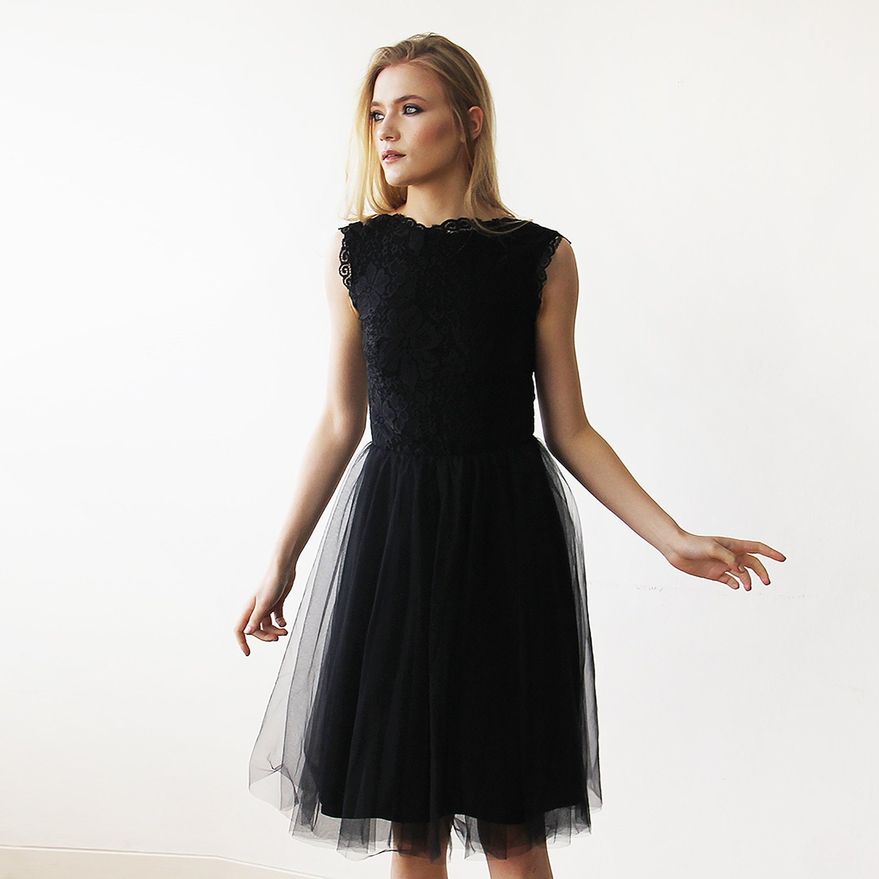 Lace And Tulle Black Sleeveless Midi Dress #1159 Lace And Tulle Black Sleeveless Midi Dress #1159