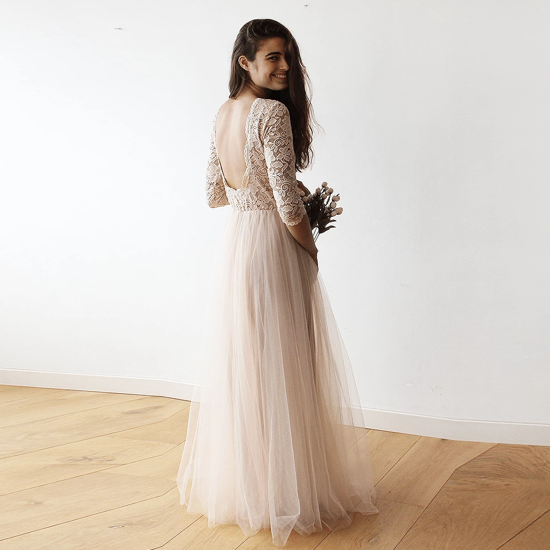 blush tulle maxi dress Draped Tulle Maxi Dress Blush Pink / M