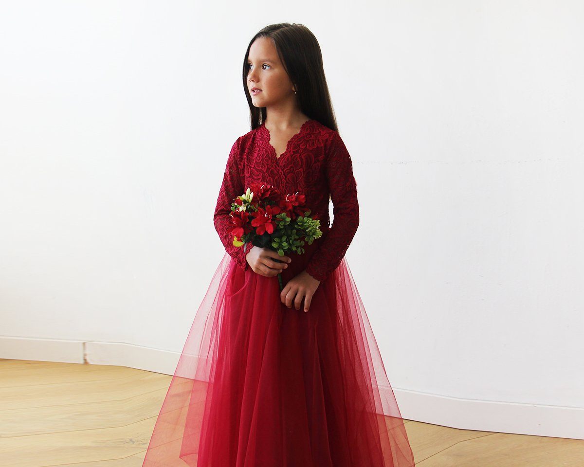 Flower Girl Gown Burgundy Long Sleeve Tulle Lace
