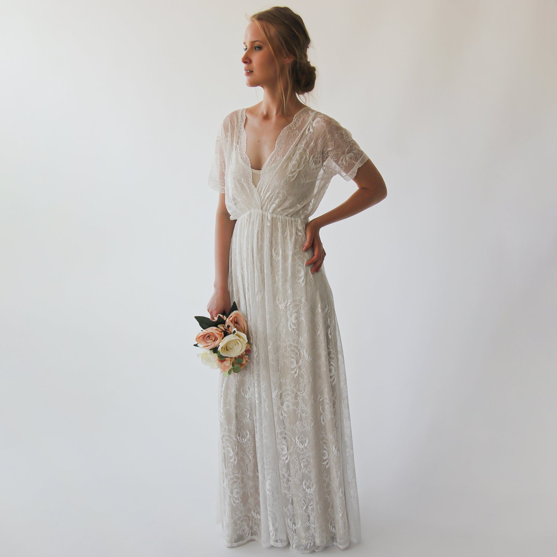 Bohemian Ivory Lace Champagne Lining Bat sleeves Wedding Dress #1044