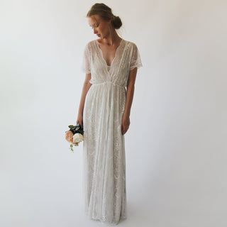 Bohemian Ivory Lace Champagne Lining  Bat sleeves Wedding Dress #1044 Maxi Blushfashion LTD
