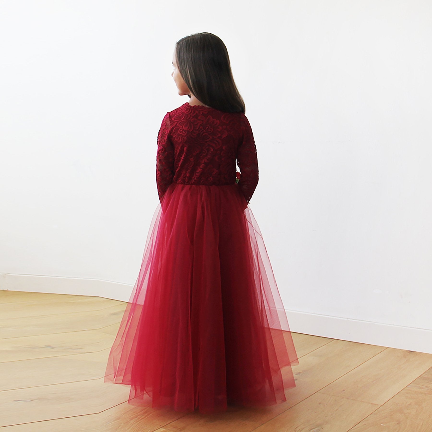Burgundy Tulle & lace long sleeves Flower Girls Gown #5043 Burgundy Tulle & lace long sleeves Flower Girls Gown #5043