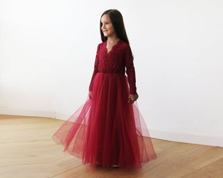 Burgundy Tulle & lace long sleeves Flower Girls Gown #5043 Maxi Blushfashion LTD