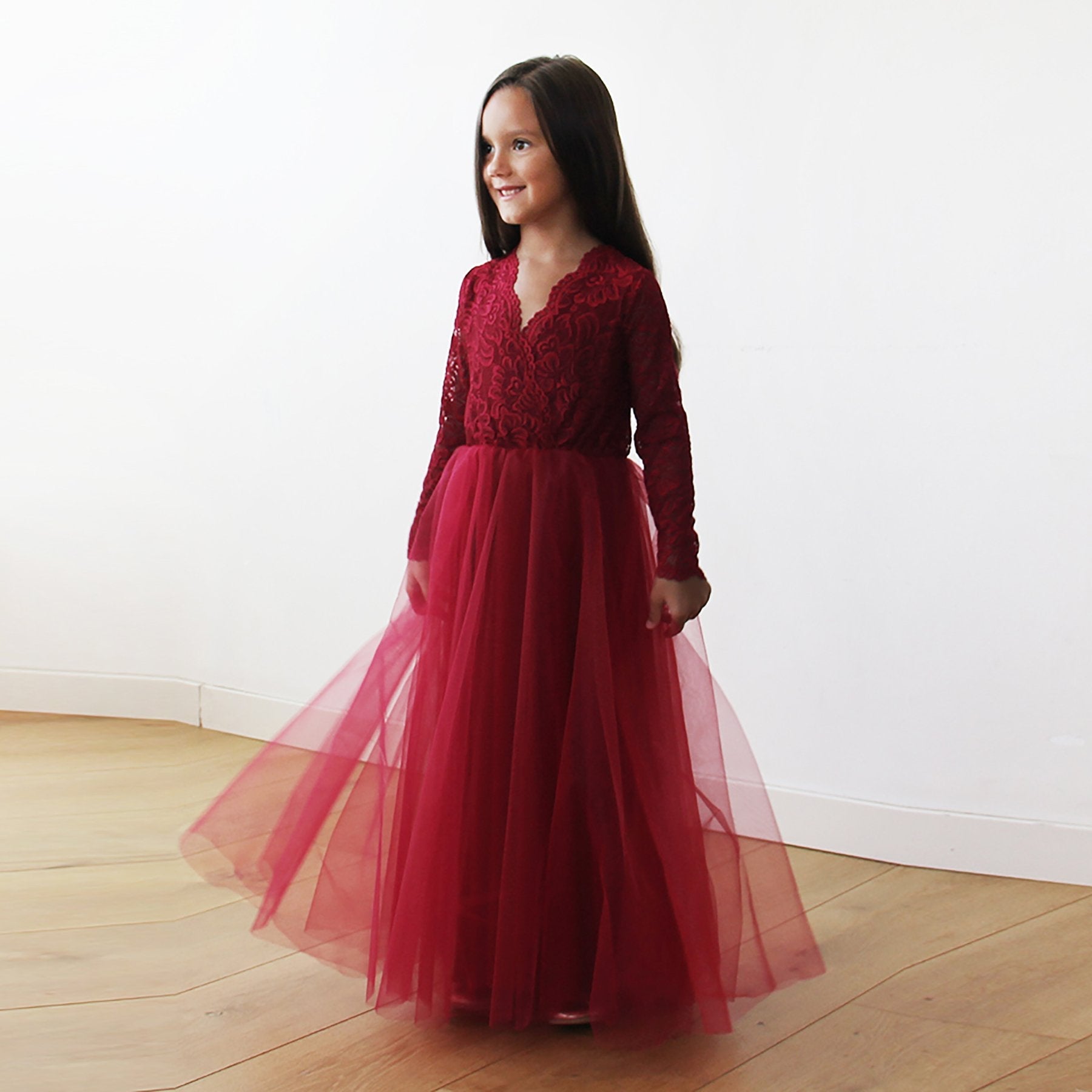 Burgundy Tulle & lace long sleeves Flower Girls Gown #5043 Burgundy Tulle & lace long sleeves Flower Girls Gown #5043