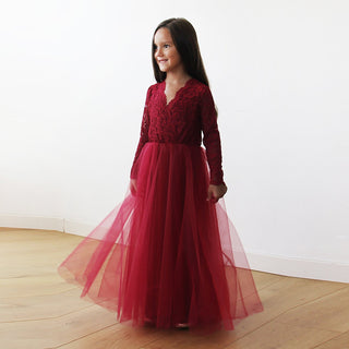 Burgundy Tulle & lace long sleeves Flower Girls Gown #5043 Maxi Custom made Blushfashion LTD