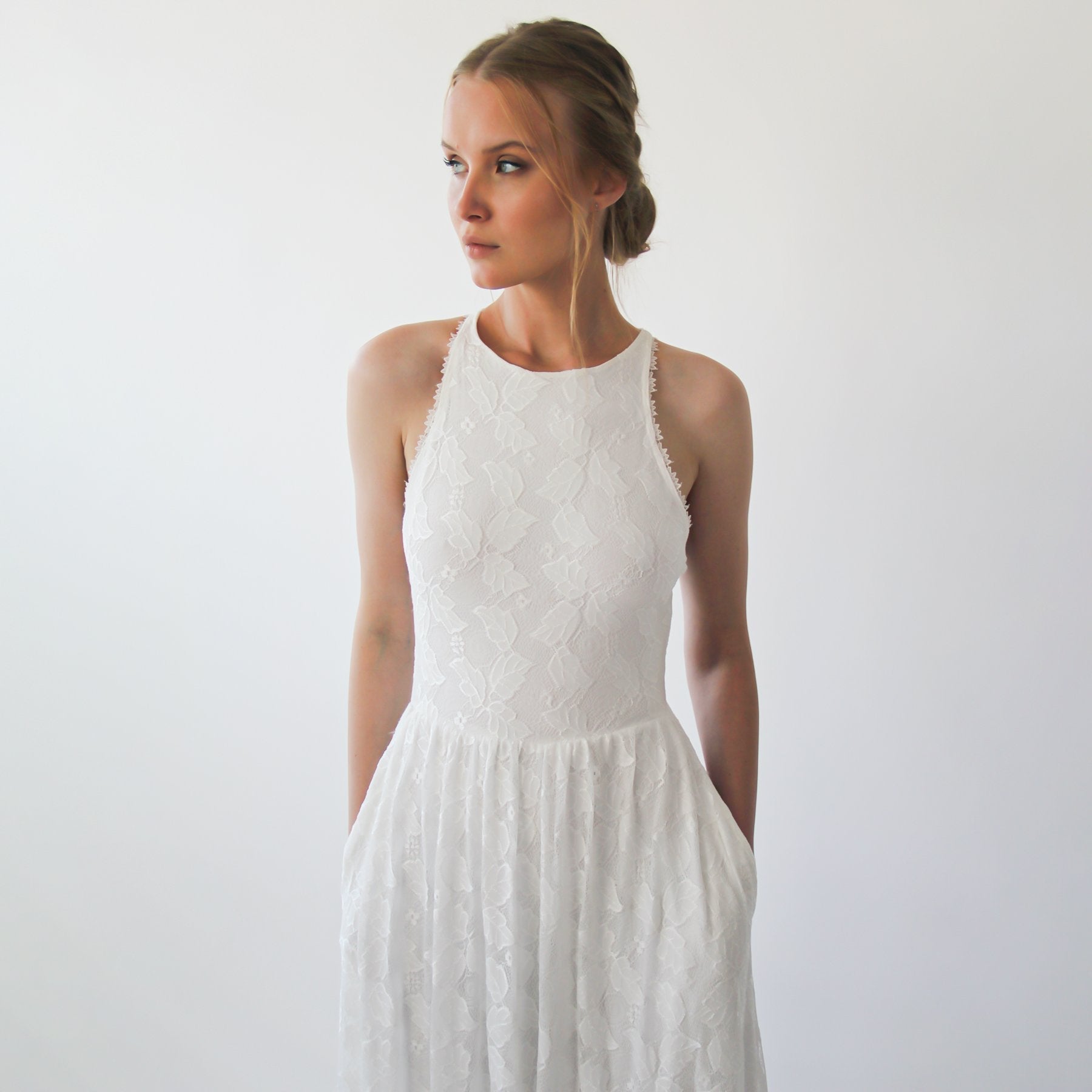 halter wedding dress with pockets Simple Halter V Neck 100% Silk Taffeta Wedding Dress with Pockets