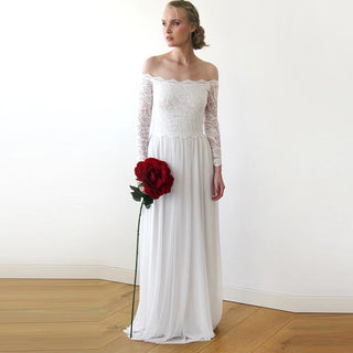 Ivory Off-The-Shoulder Lace & chiffon mesh Dress #1215 Maxi Blushfashion LTD